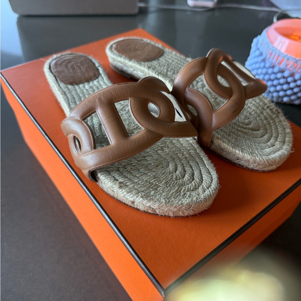 Hermes Brown Leather Espadrille Slide Sandals